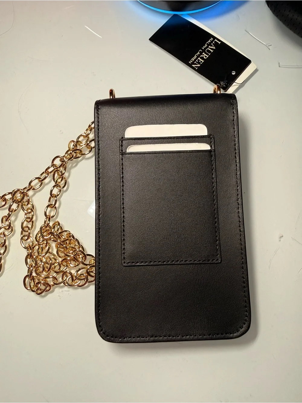 Ralph Lauren Black Leather Crossbody Phone Pouch with Gold Chain